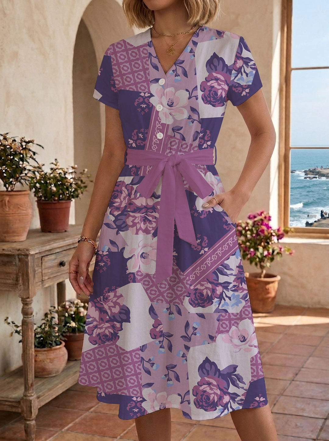 Damen Sommerliches Kleid mit taillierbarem Bindegürtel und floralem Muster Drune