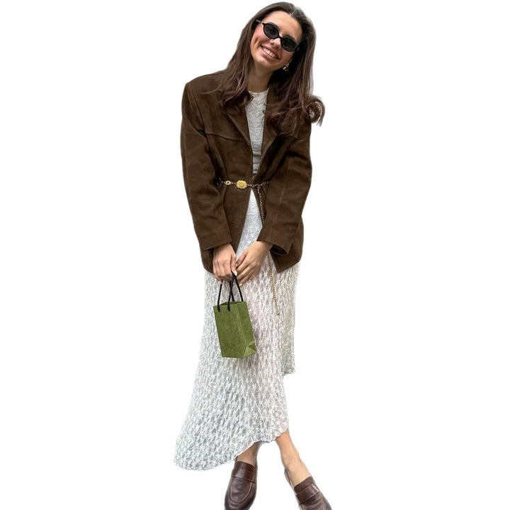 Damen elegante Wildlederjacke im Oversized-Stil mit Taschen Drune