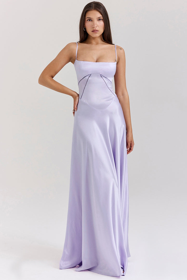 Damen Elegantes Maxikleid mit schmalen Spaghettiträgern und fließendem Satinfall Drune
