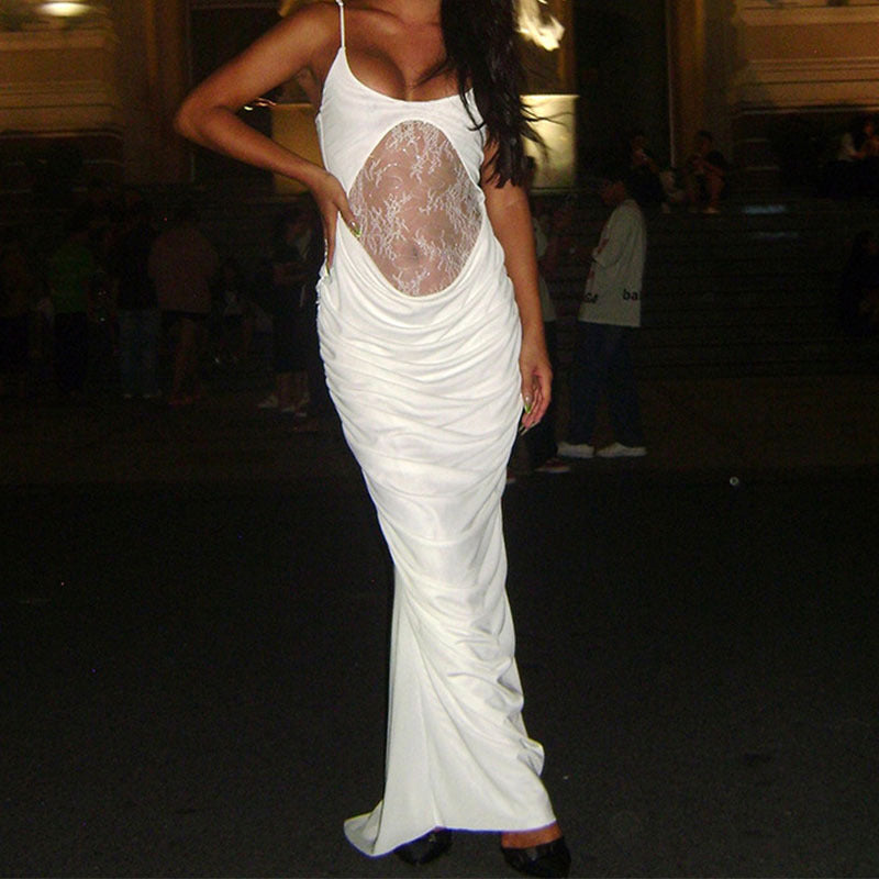 Damen Elegantes langes Kleid mit transparentem Spitzenbesatz und raffinierten Drapierungen Drune