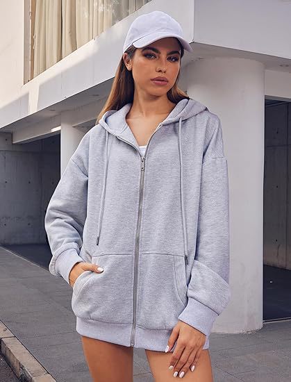 Damen nan oversized Zip-Kapuzenjacke mit kontrastierendem Reißverschluss, doppellagiger Kapuze und Kängurutasche Drune