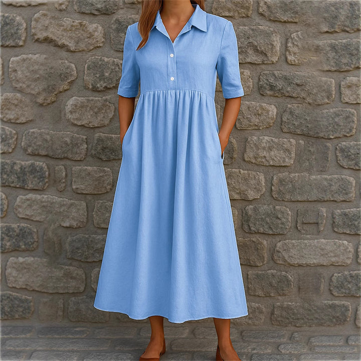 Damen legeres Midi-Kleid mit Knopfleiste und Taschen Drune