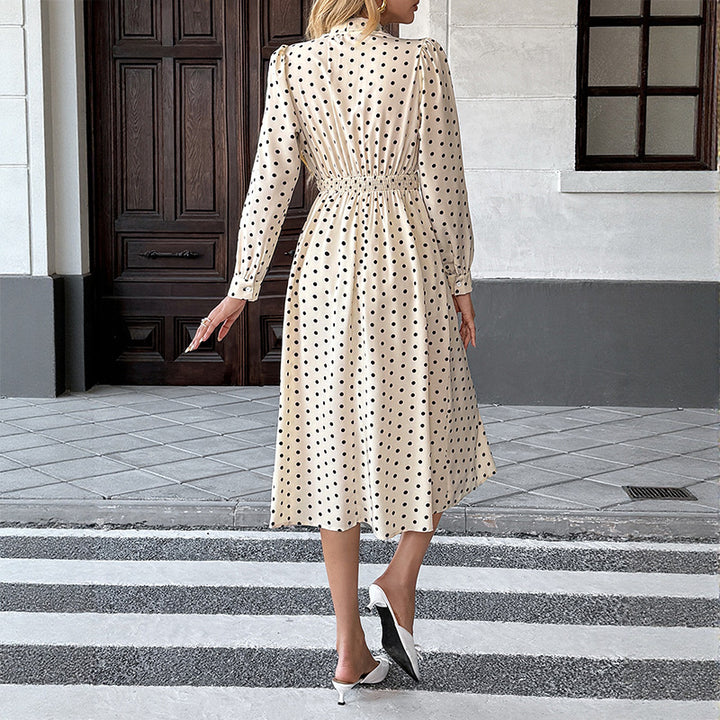 Damen Polka-Dot Midi-Kleid mit Bindekragen und langem Ärmeln Drune