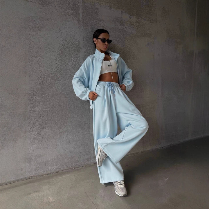 Damen Oversized lässiger Sportanzug mit Reißverschluss und elastischer Taille Drune