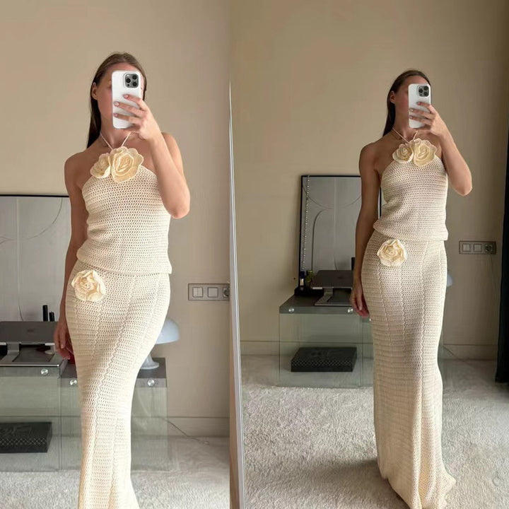 Damen Häkel-Maxikleid mit hohem Schlitzausschnitt Drune