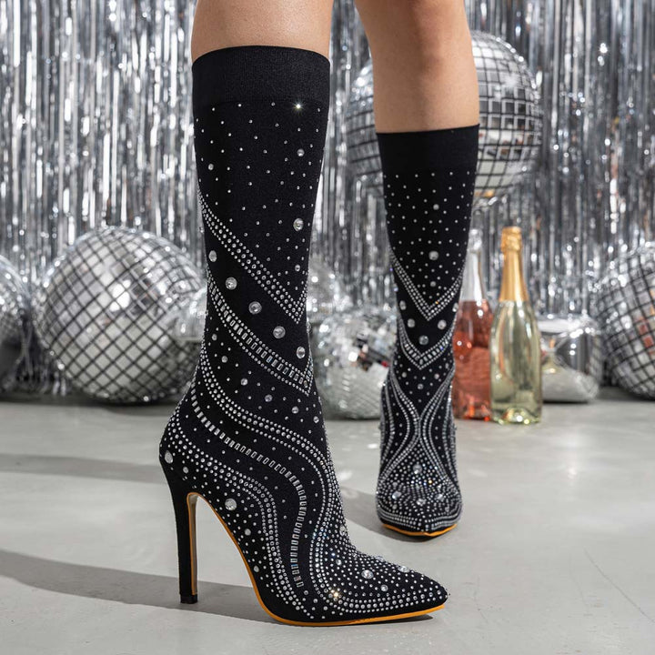 Damen Glamouröse Stiletto-Stiefel mit funkelnden Strassverzierungen und eleganter Silhouette Drune