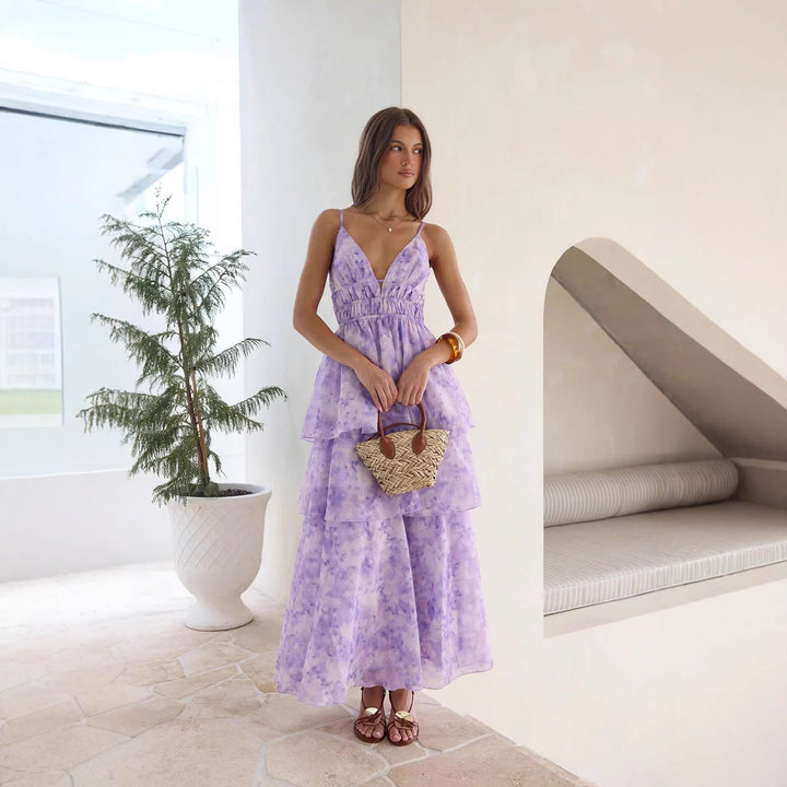 Damen Maxikleid mit voluminösen Rüschenschichten und V-Ausschnitt Drune