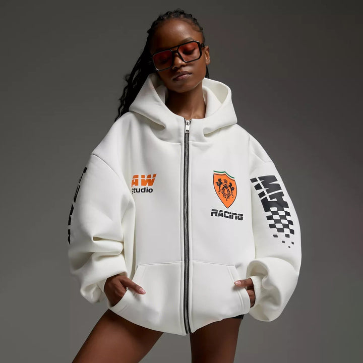 Damen oversized Kapuzenjacke mit grafischem Racing-Design Drune