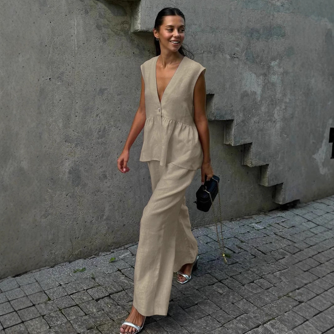 Damen luftiger Jumpsuit mit V-Ausschnitt und fließendem Schnitt Drune