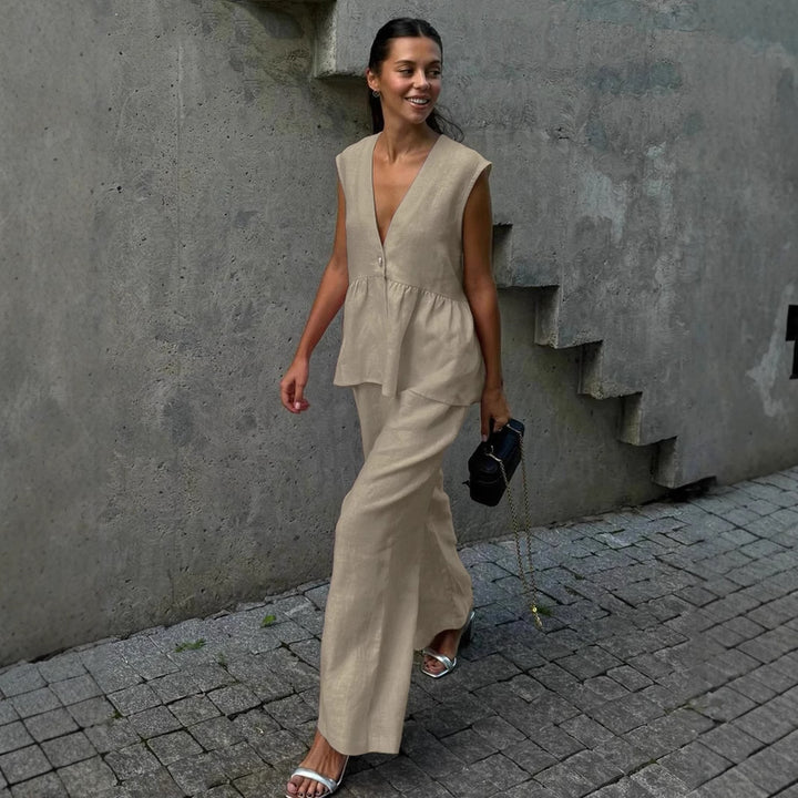 Damen luftiger Jumpsuit mit V-Ausschnitt und fließendem Schnitt Drune