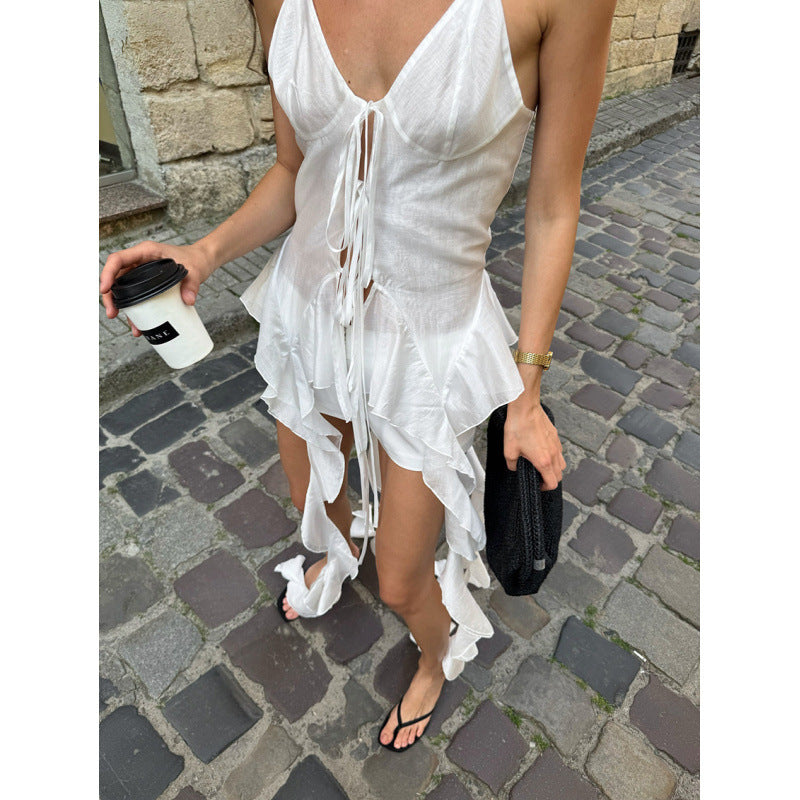 Damen ärmelloses Strandkleid mit Schnürung und schwingendem Saum Drune