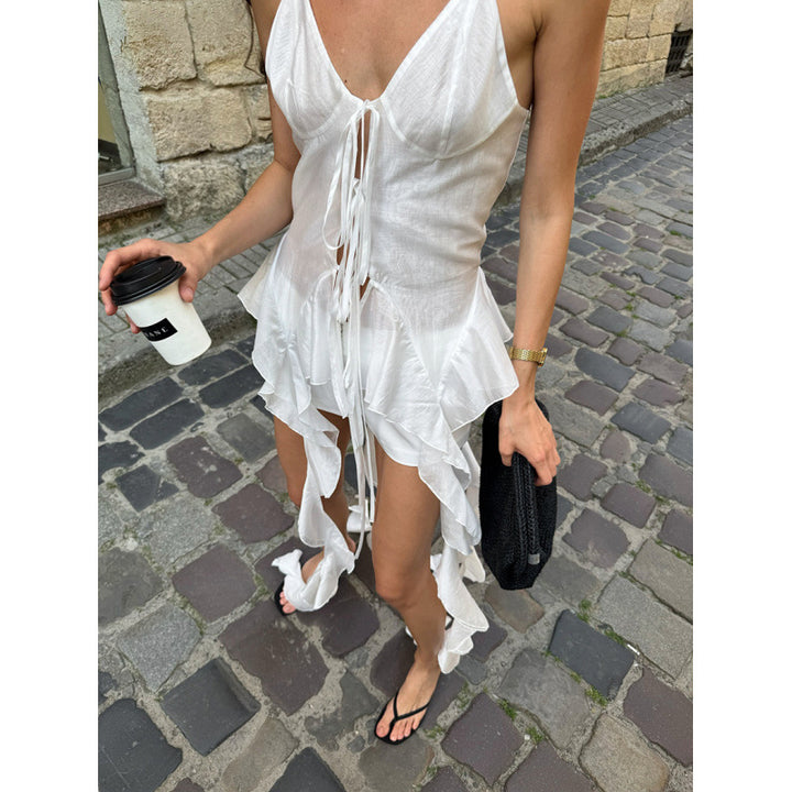 Damen ärmelloses Strandkleid mit Schnürung und schwingendem Saum Drune