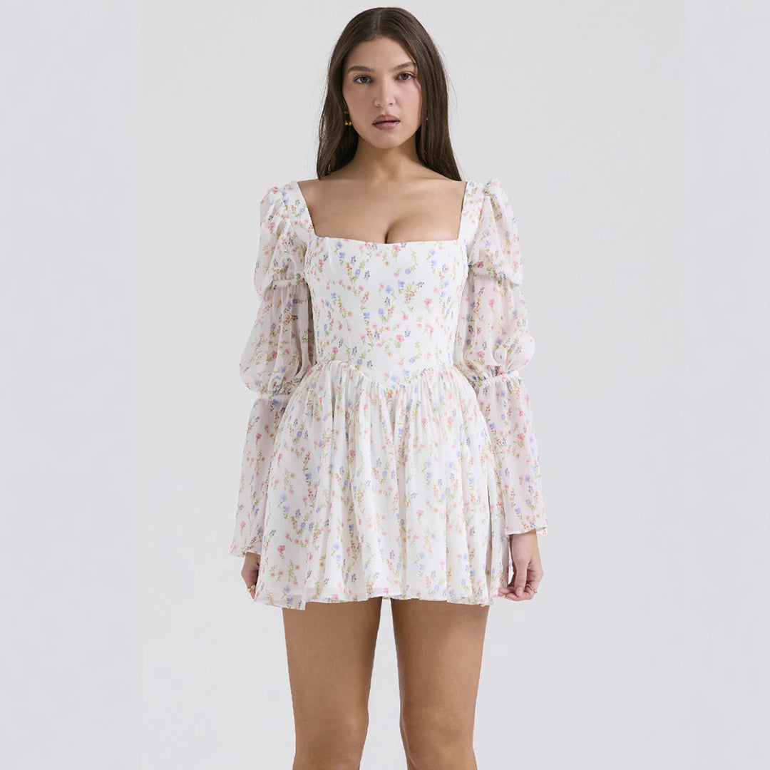 Damen Minikleid mit Ballonärmeln und floralen Mustern Drune
