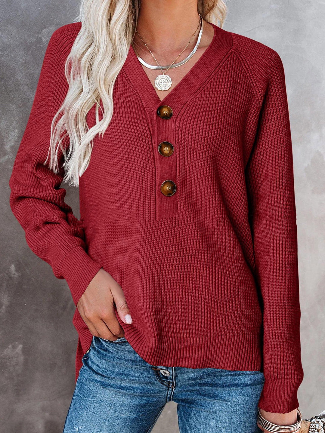 Damen lässiger Strickpullover mit Knopfdetail und V-Ausschnitt Drune