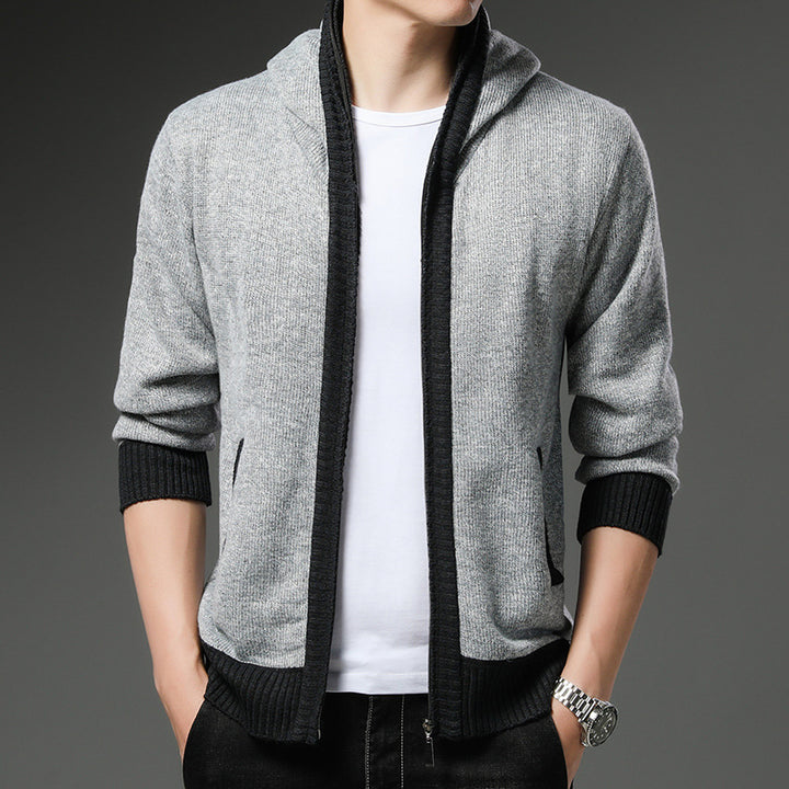 Herren Moderne Strickjacke mit Kapuze und schwarz-weißen Akzenten Drune