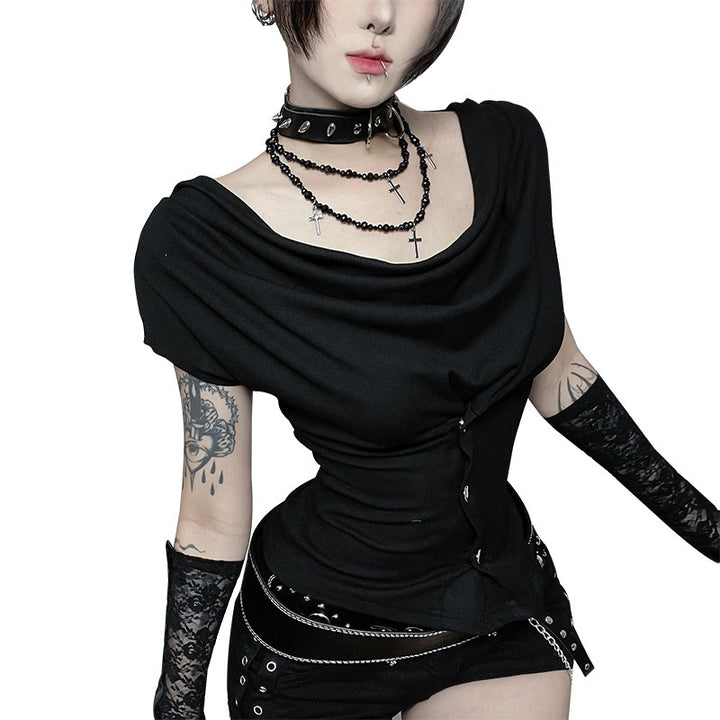 Damen figurbetontes Drape-Shirt mit elegantem Knopfdesign und asymmetrischem Saum Drune