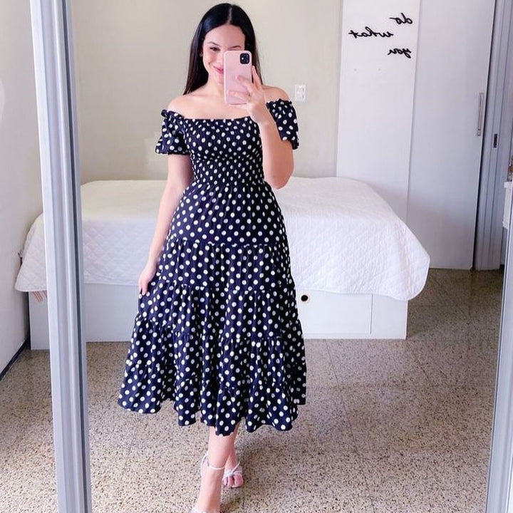 Damen Midi-Kleid mit schulterfreiem Design und verspieltem Schmetterlingsmuster Drune