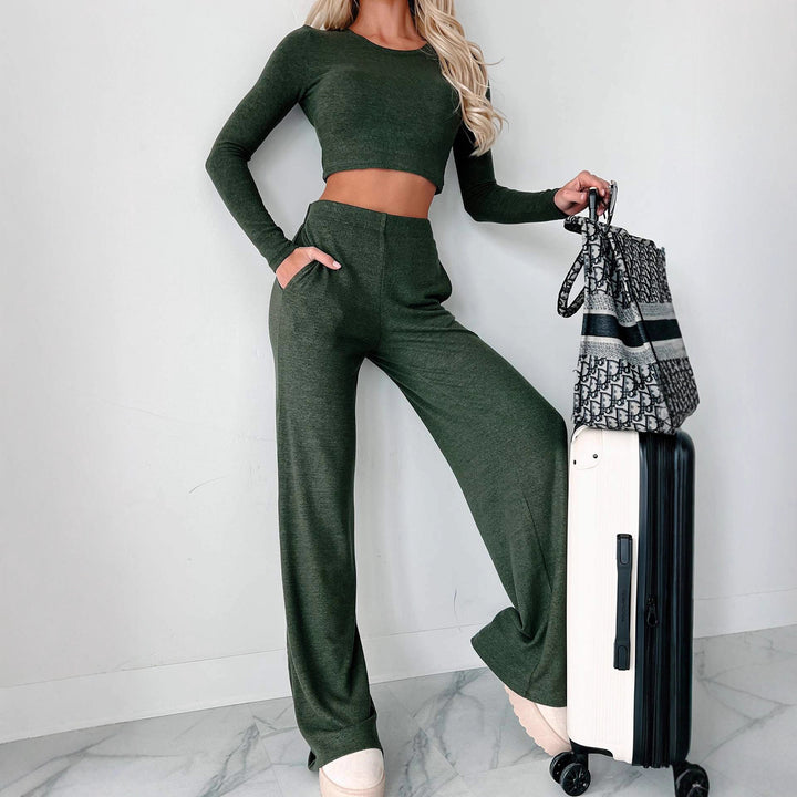 Damen gemütliches Cropped Langarmoberteil und weit geschnittene Loungehose Set Drune