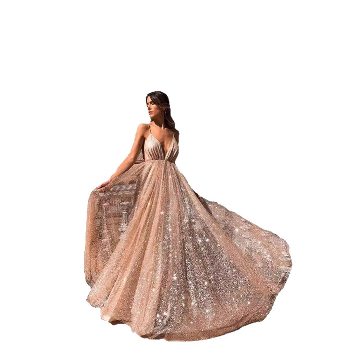 Damen Glamouröses Abendkleid mit tiefem V-Ausschnitt und schimmerndem Tüll Drune