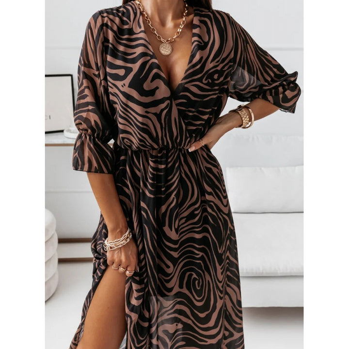 Damen elegantes Maxikleid mit animalischen Mustern und modischem Schlitz Drune
