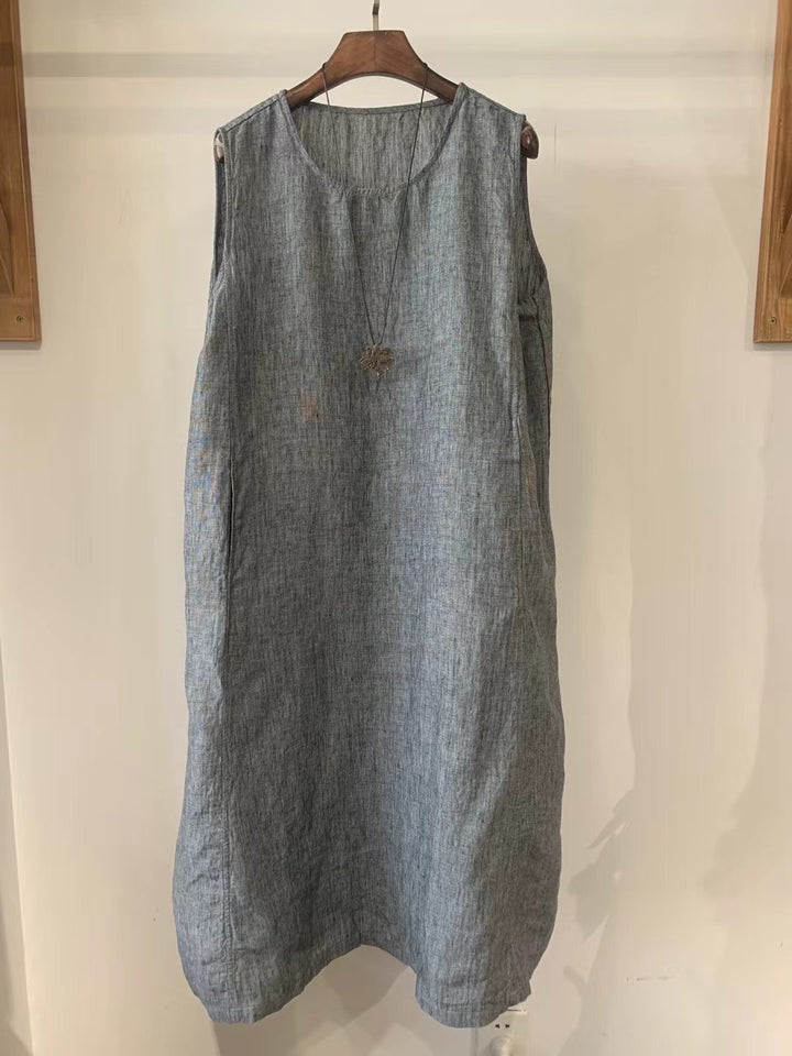 Damen Ärmelloses Leinen Shift Kleid Drune