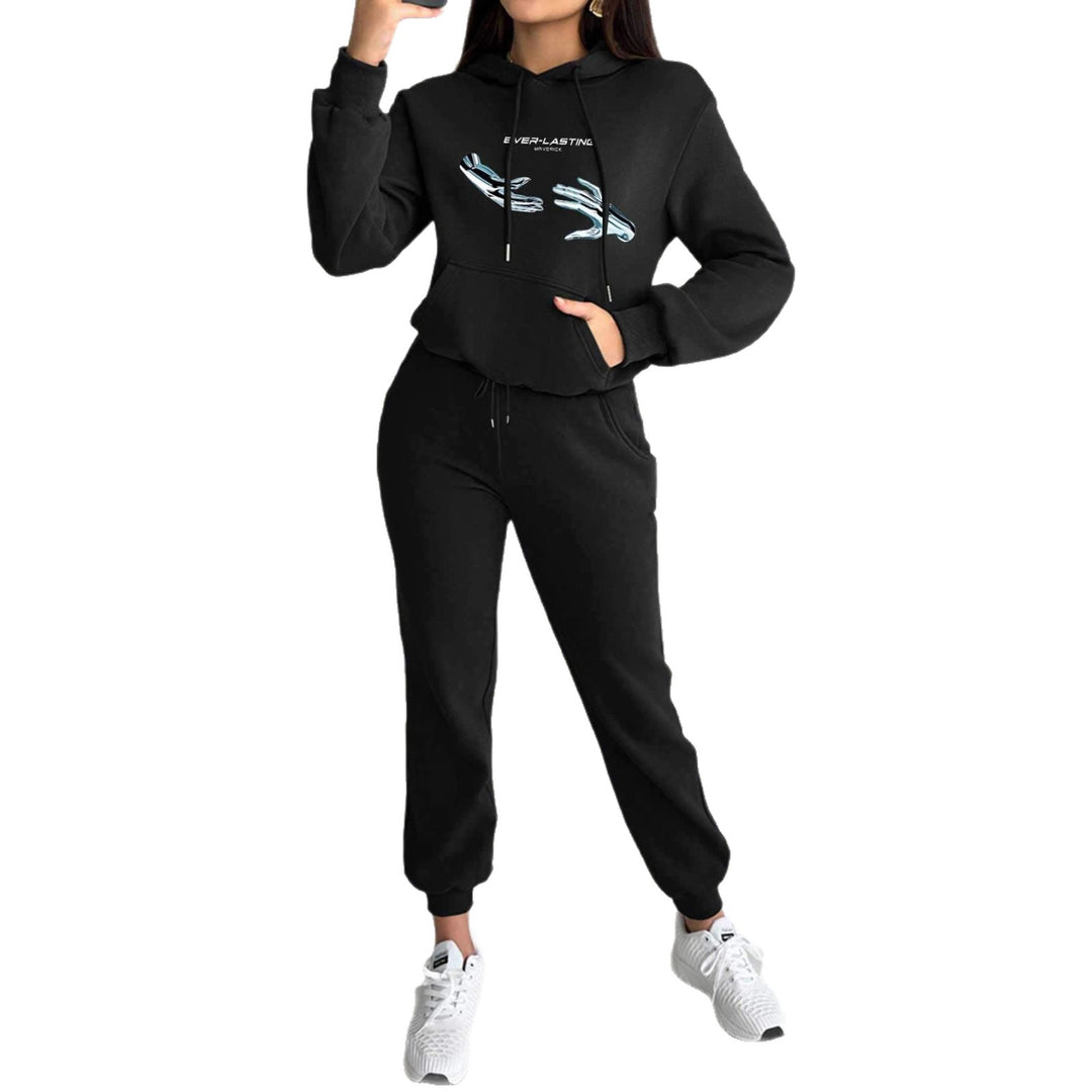 Damen nan Kapuzenpullover im Cropped-Schnitt mit Kängurutasche und grafischem Hand-Print Drune