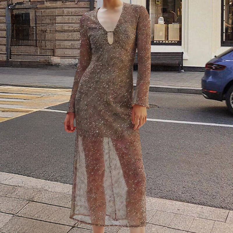 Damen Glamouröses Paillettenkleid mit tiefem V-Ausschnitt und langen Ärmeln Drune