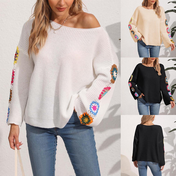 Damen eleganter Pullover mit bunten Häkelapplikationen an den Ärmeln Drune