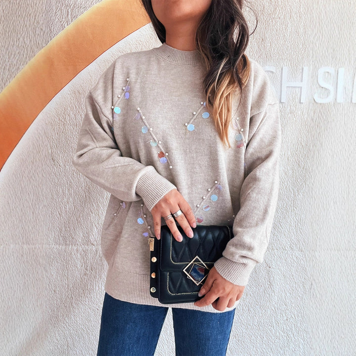 Damen Pullover mit modischen Perl- und Strassdetails Drune