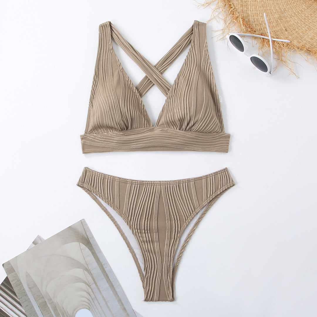 Damen Gestreifter Bikini mit raffiniertem Kreuz-Design Drune