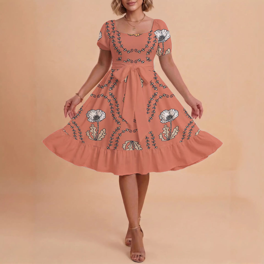 Damen modernes Blumenkleid mit elegantem Taillengürtel und asymmetrischem Saum Drune