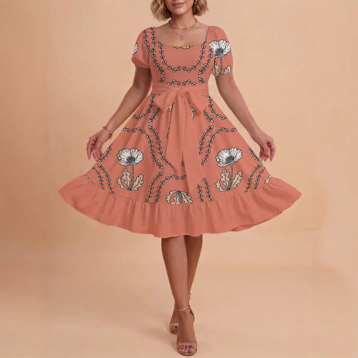 Damen modernes Blumenkleid mit elegantem Taillengürtel und asymmetrischem Saum Drune