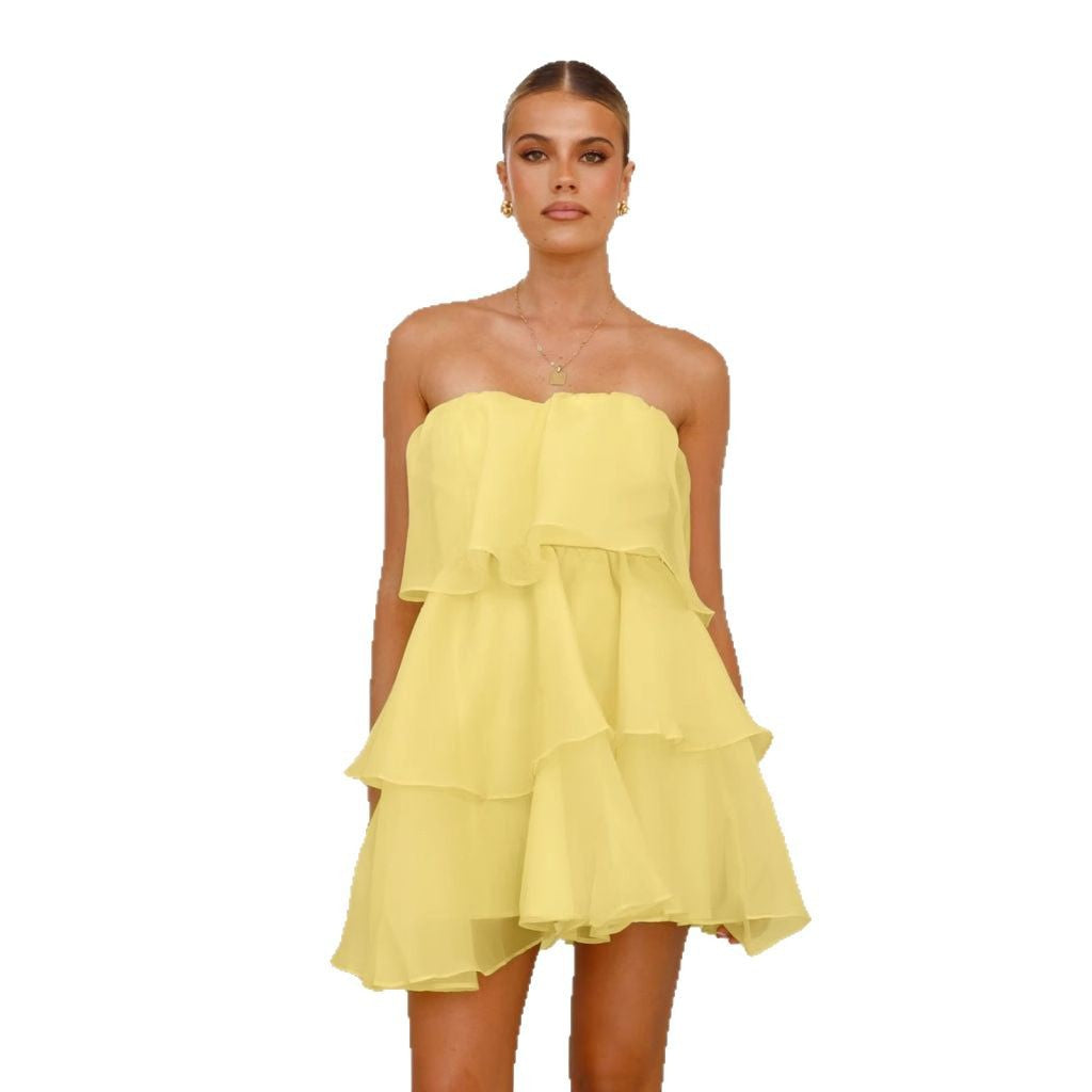Damen Verspieltes Chiffonkleid mit schwingendem Volant und schulterfreiem Design Drune