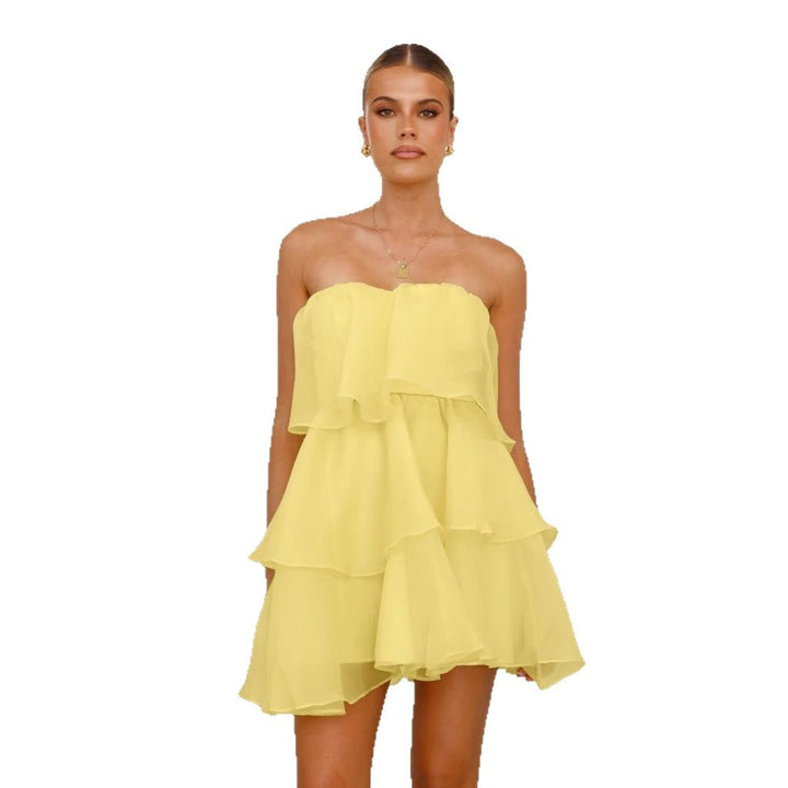 Damen Verspieltes Chiffonkleid mit schwingendem Volant und schulterfreiem Design Drune