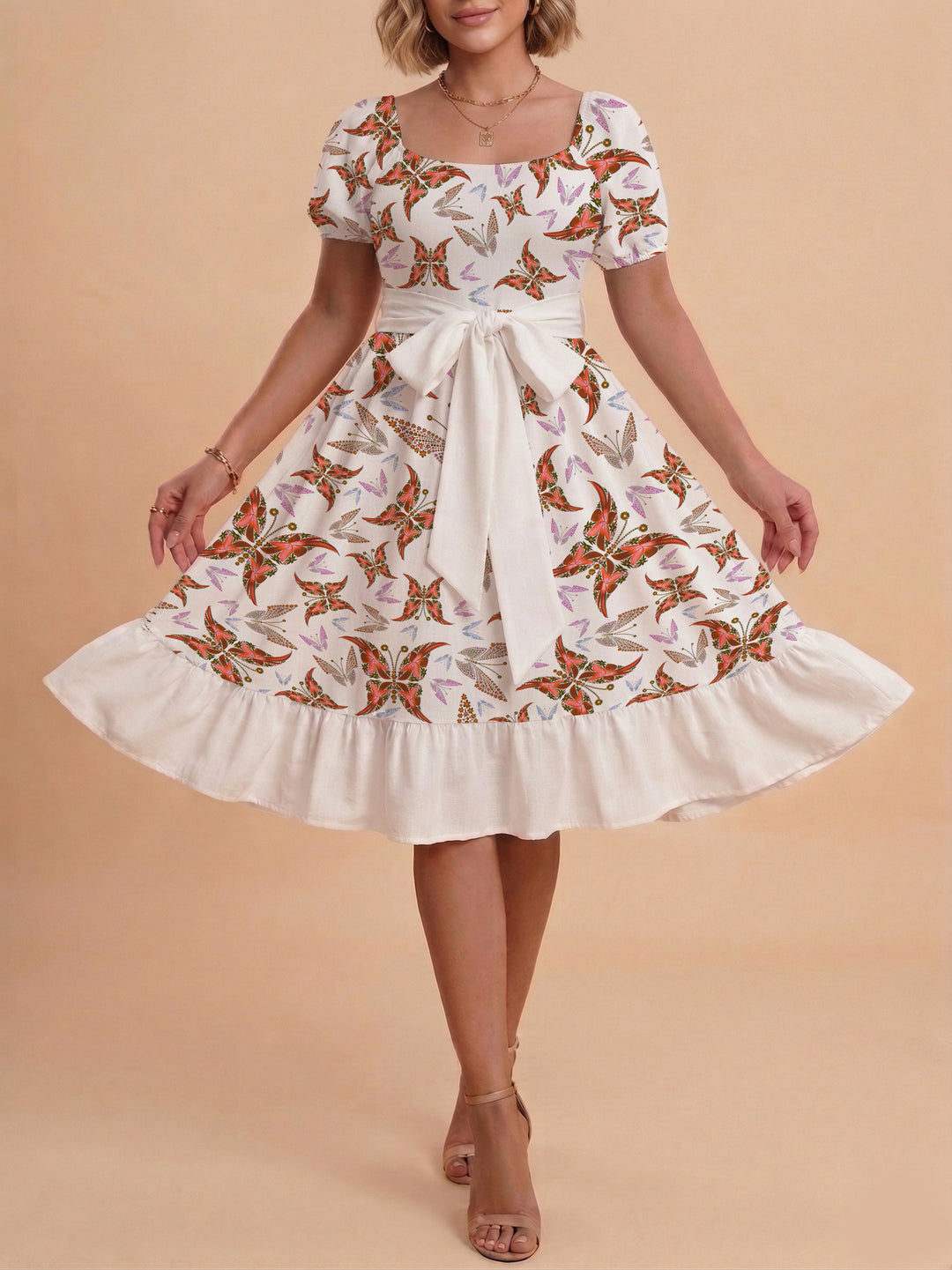 Damen modernes Blumenkleid mit elegantem Taillengürtel und asymmetrischem Saum Drune