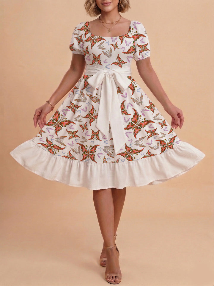 Damen modernes Blumenkleid mit elegantem Taillengürtel und asymmetrischem Saum Drune