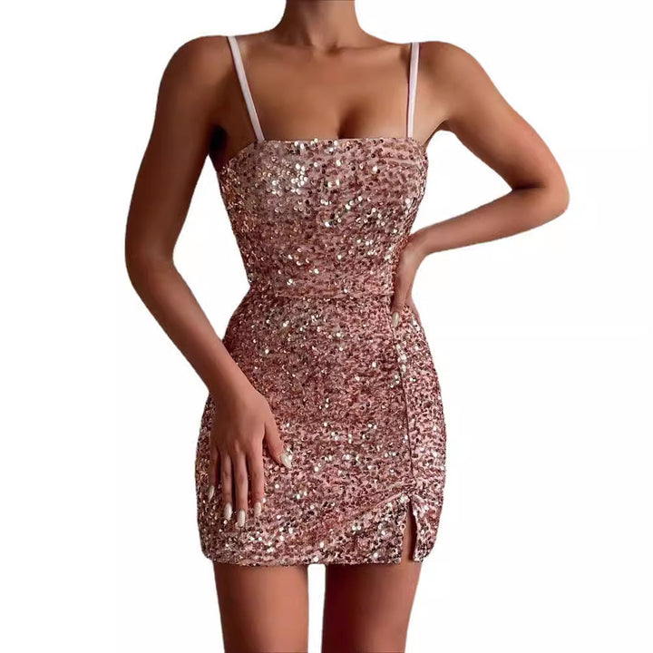 Damen Glitzerndes Minikleid mit schulterfreiem Design und seitlichem Schlitz Drune