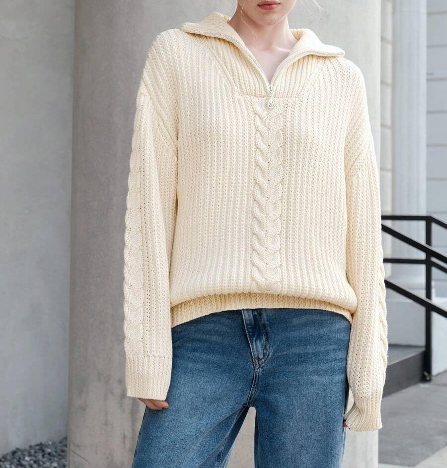 Damen Grobstrickpullover mit seitlichem Reißverschluss und Detailliertem Zopfmuster Drune