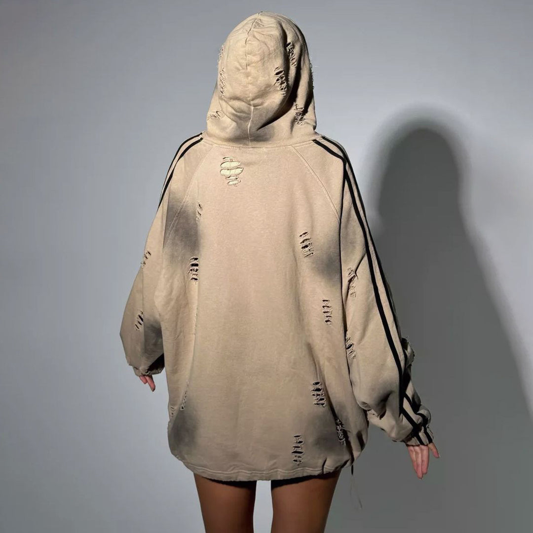 Damen Oversized Kapuzenpullover mit modischen Rissdetails und grafischem Print Drune