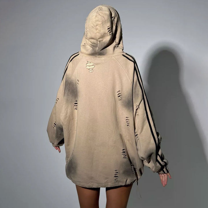 Damen Oversized Kapuzenpullover mit modischen Rissdetails und grafischem Print Drune