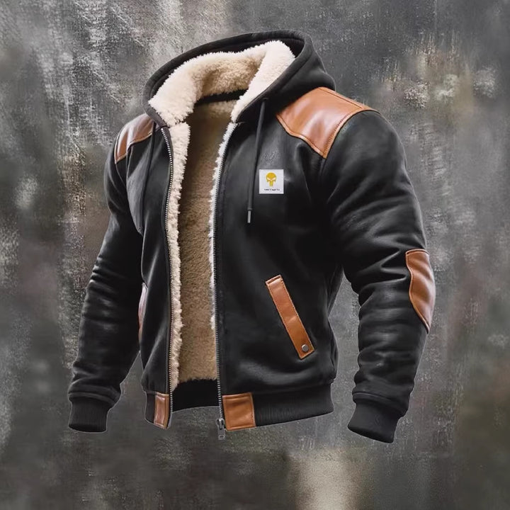 Herren nan gefütterte Bomberjacke mit Kapuze, Teddyfutter und Kontrastbesätzen Drune