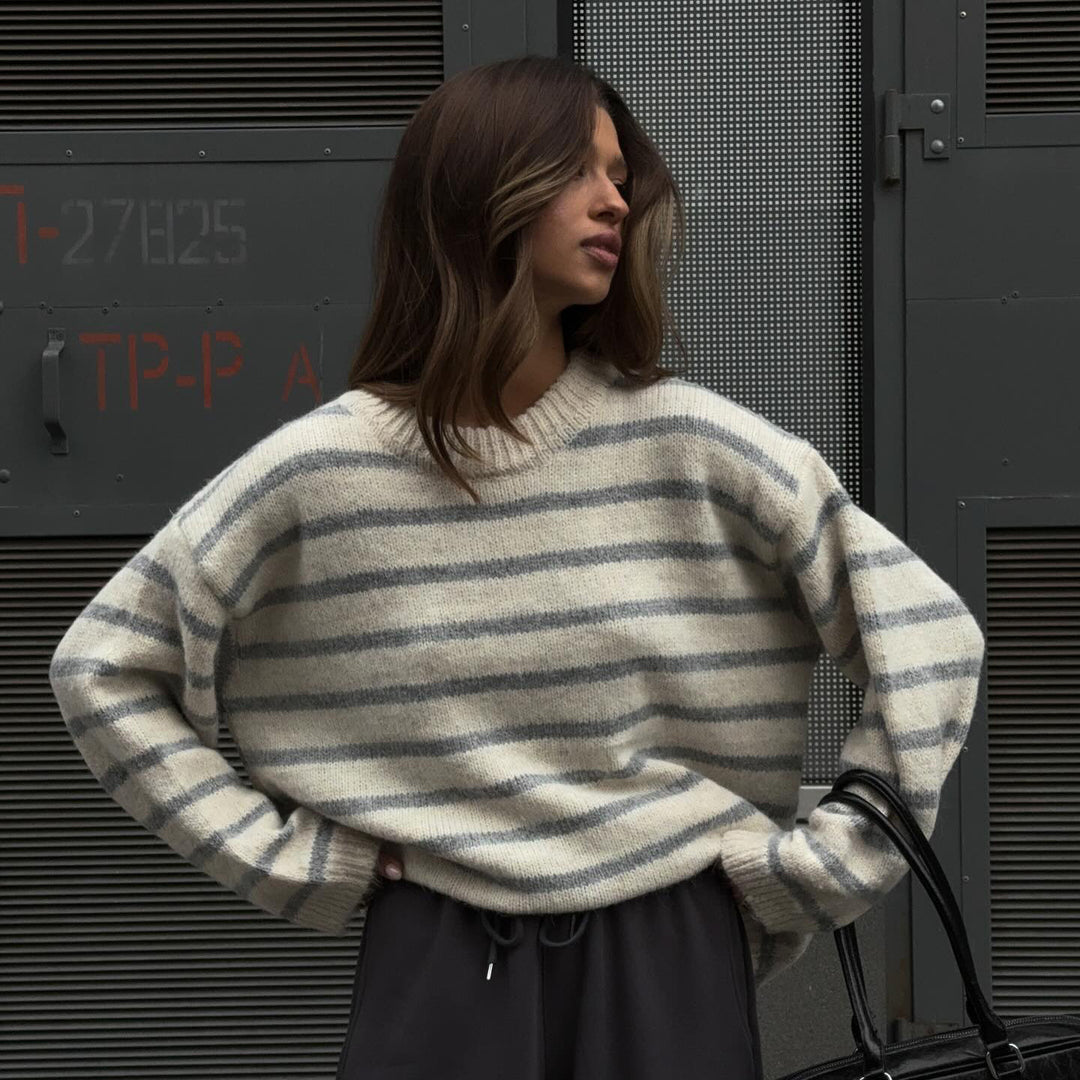 Damen lässiger Strickpullover mit modernen Streifen Drune