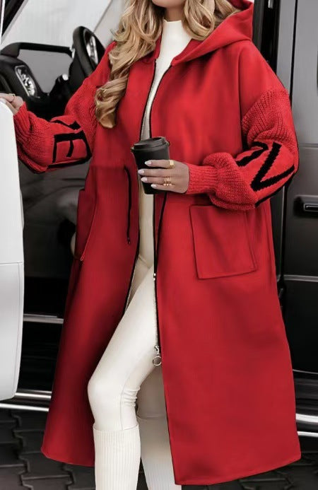 Damen Modische Longjacke mit Kapuze und Taschen Drune