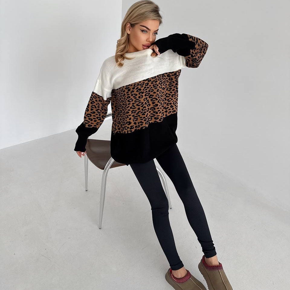 Damen modischer Oversized-Pullover mit animalischem Muster und kreativen Farbblockdetails Drune