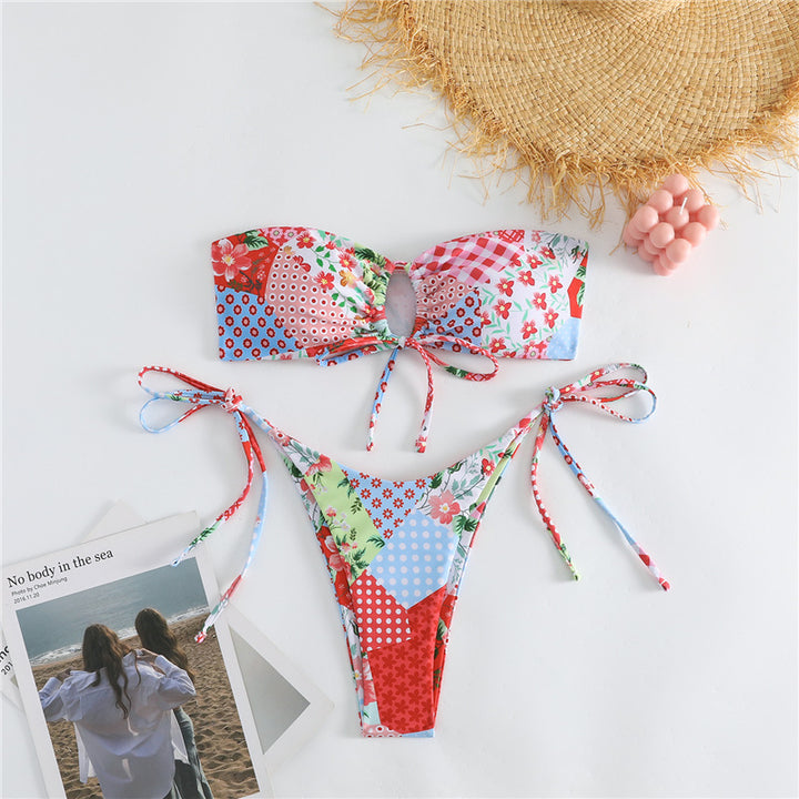 Damen Bandeau-Bikini-Set mit verspieltem Pünktchen-Muster und verstellbaren Bindebändern Drune