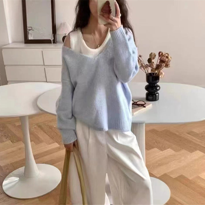 Damen lässiger Pullover mit einem modernen V-Ausschnitt und offenen Schultern Drune