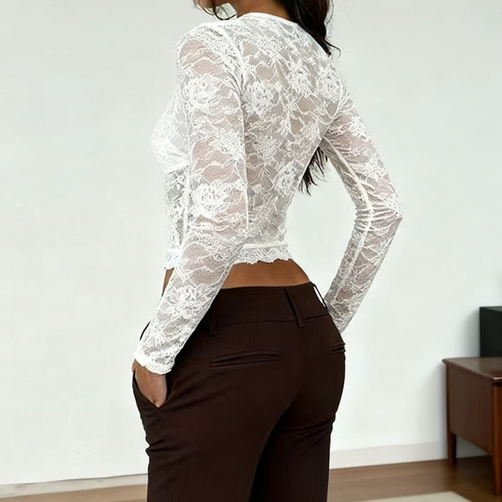 Damen Elegantes Spitzenoberteil mit tiefem V-Ausschnitt und langen Ärmeln Drune
