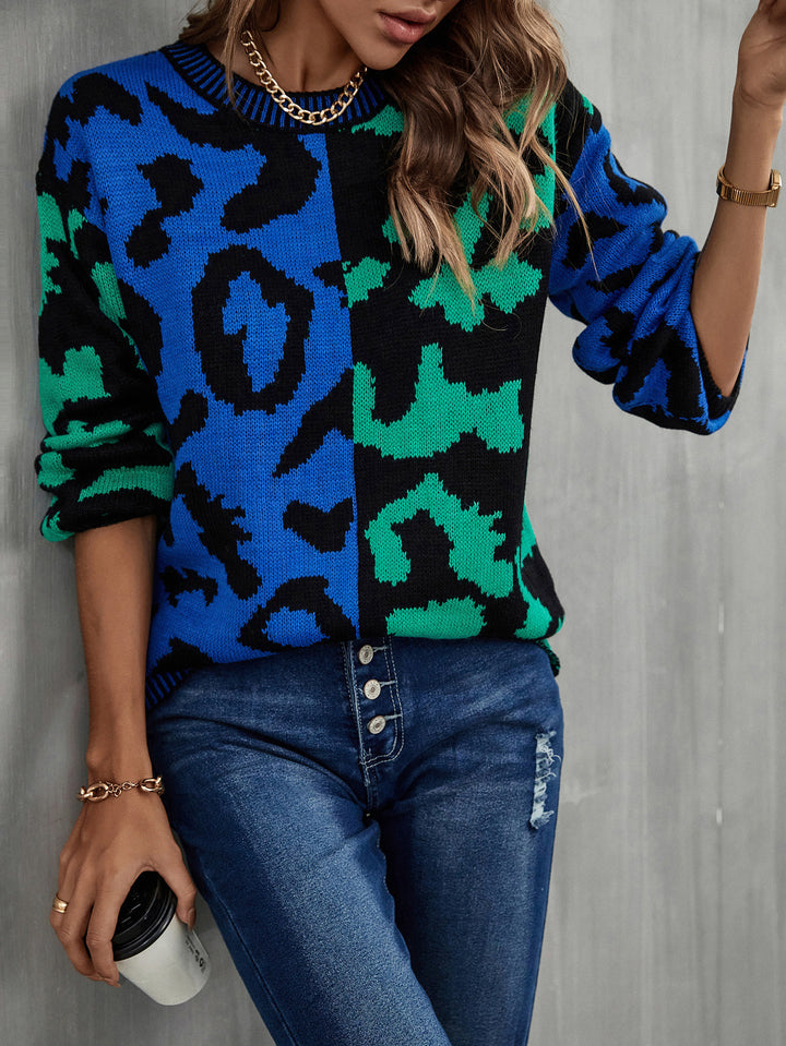 Damen farbenfroher Pullover mit Leo-Muster Drune