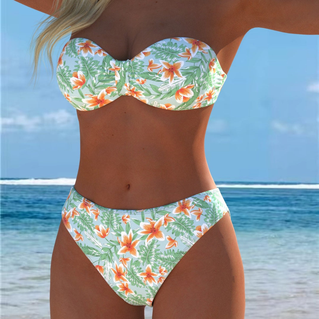 Damen Bandeau-Bikini mit einzigartigem Federmuster und hohem Taillenschnitt Drune