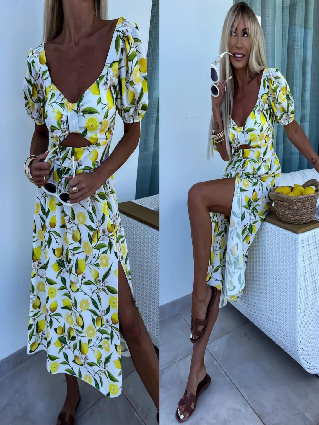 Damen Cut-Out Zitronen-Print Midi Kleid Drune